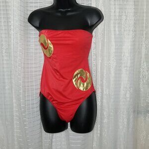 Liza Bruce Vintage 80's Bathing Suite Red Strapless W/ Gold Applique Swirls Sz14